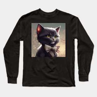 Elegant Grey and White Cat With an Grey Floral Bow Tie | White and grey cat with green eyes | Digital art Sticker Long Sleeve T-Shirt